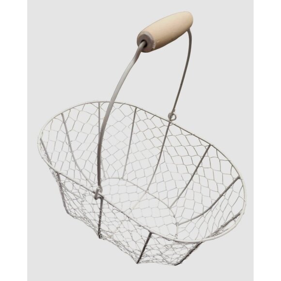 White Wire Mesh Basket With Wooden Handle Decorative Storage Home Organizer Farm - Picture 5 of 14